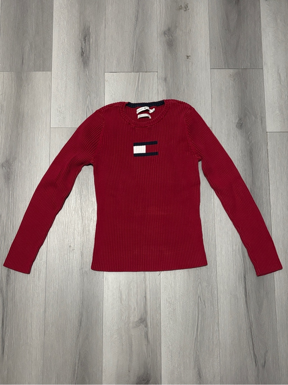 Vintage Tommy Hilfiger Red Ribbed Sweater Fitted Flag Logo Crewneck Womens Large